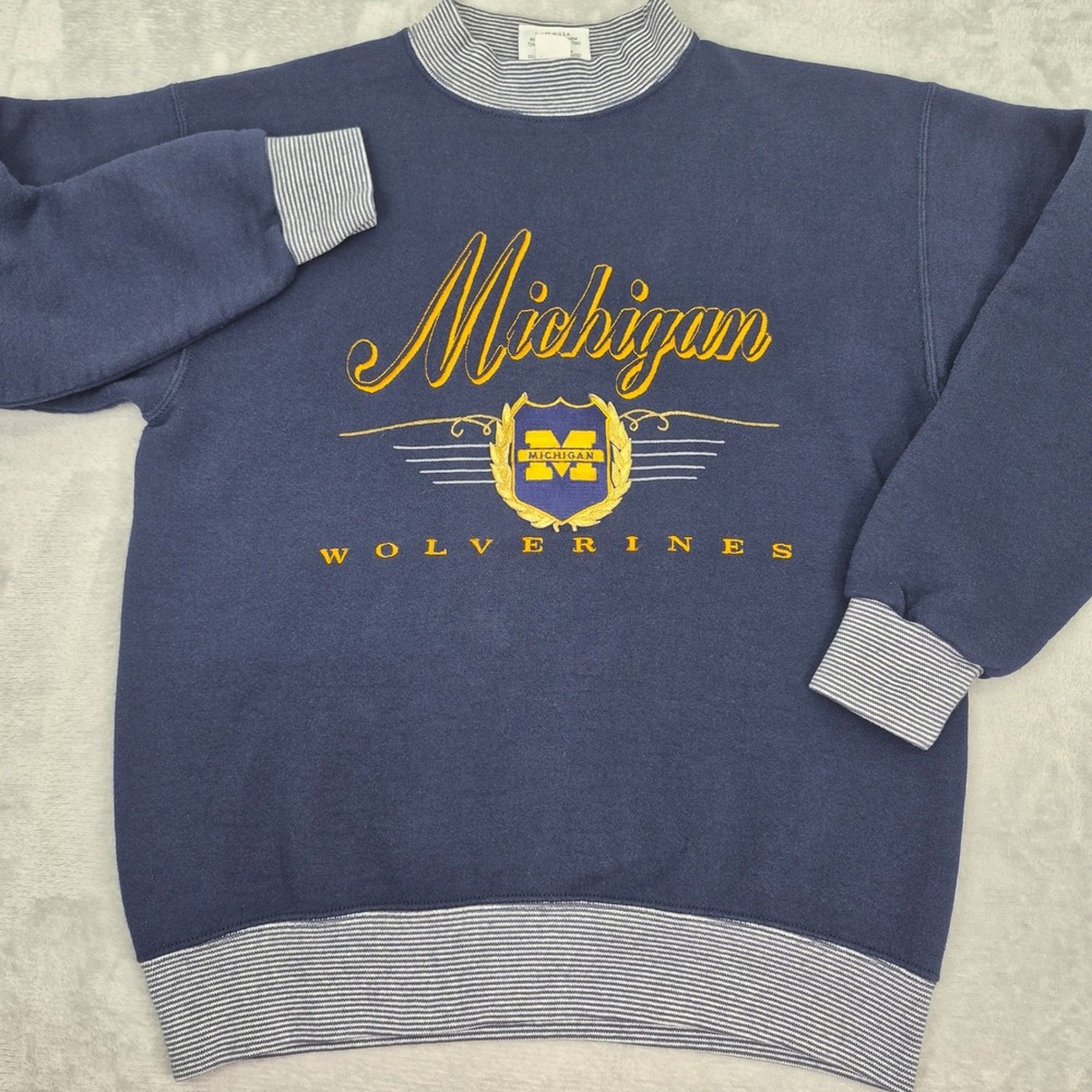 Vintage Michigan Wolverines Sweatshirt Navy Blue Mock Neck Striped Made in USA